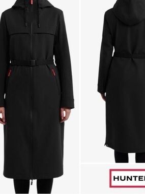 Hunter Black Long Hooded Belted Trench Coat with Red Zip Accents